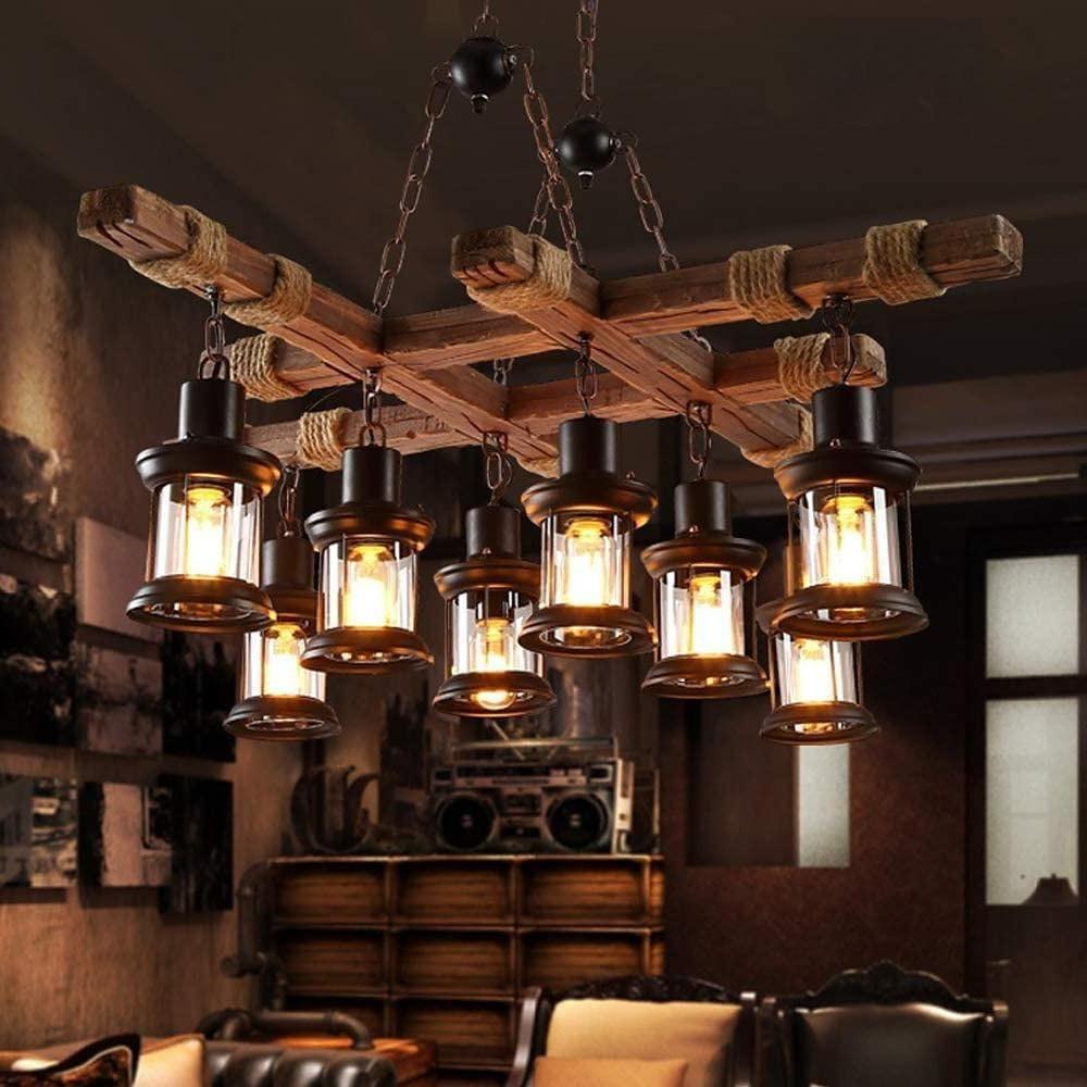 Vintage Wood Glass LED Farmhouse Pendant Lighting Chandeliers Island Lights