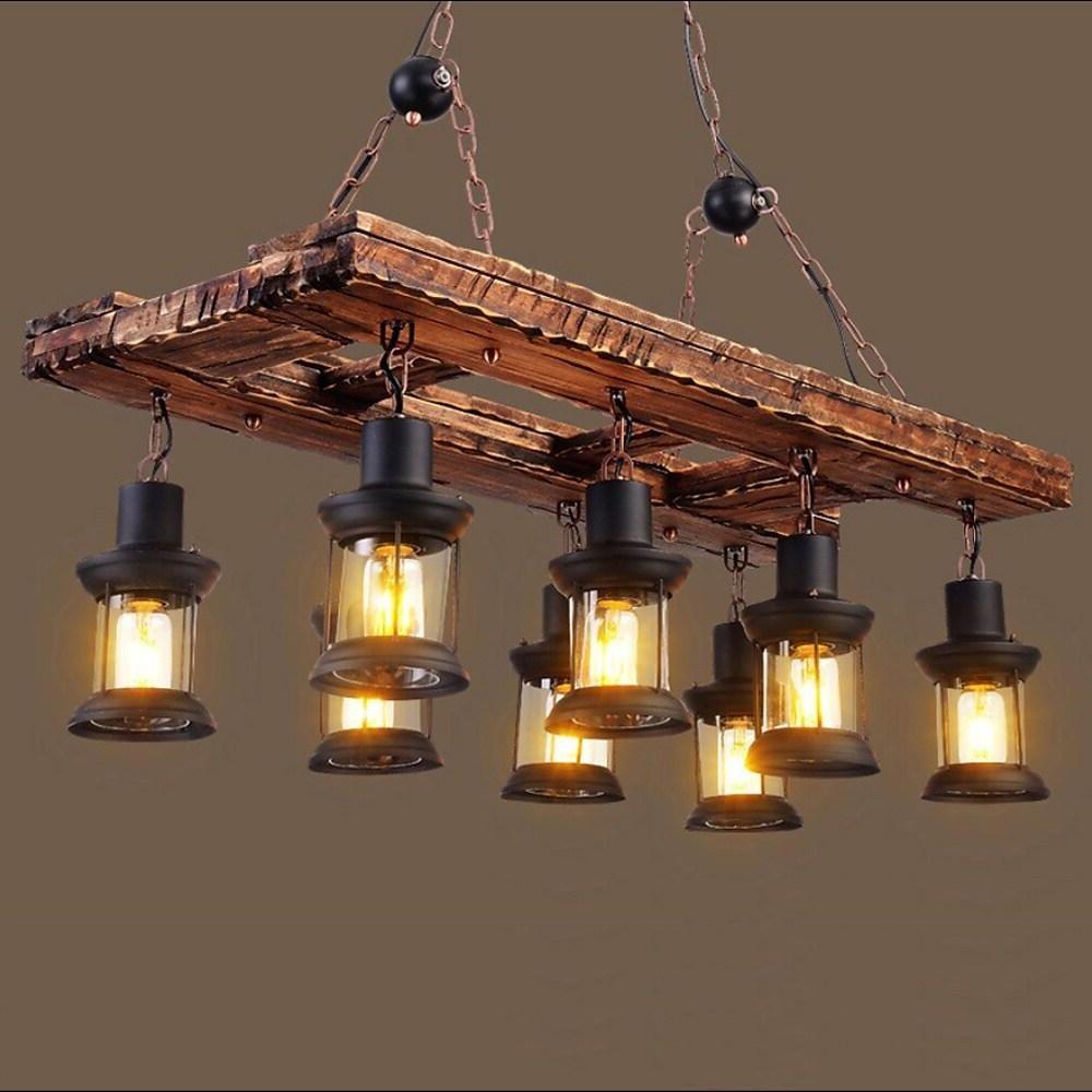 8-light Vintage Wood Glass Lantern LED Farmhouse Chandeliers Hanging Lamp