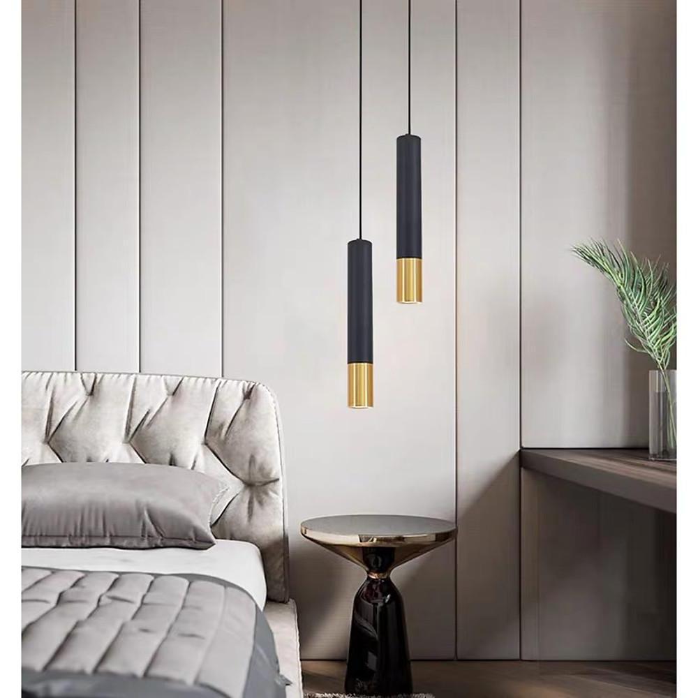 Elongated Cylinder Black and Gold Metal Shade LED Modern Pendant Light Island Hanging Lights