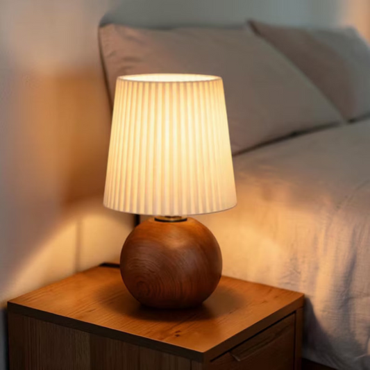 Cozy Dimmable Table Lamp, Wood Base Bedside Lamp, Pleated Fabric Shade, USB Nightstand Light