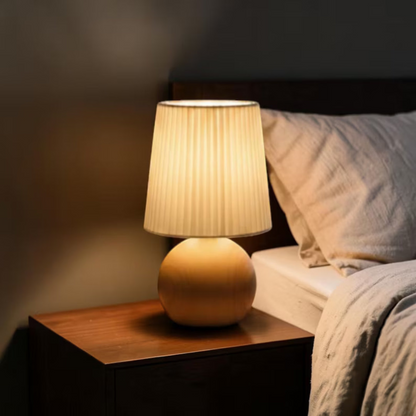 Cozy Dimmable Table Lamp, Wood Base Bedside Lamp, Pleated Fabric Shade, USB Nightstand Light