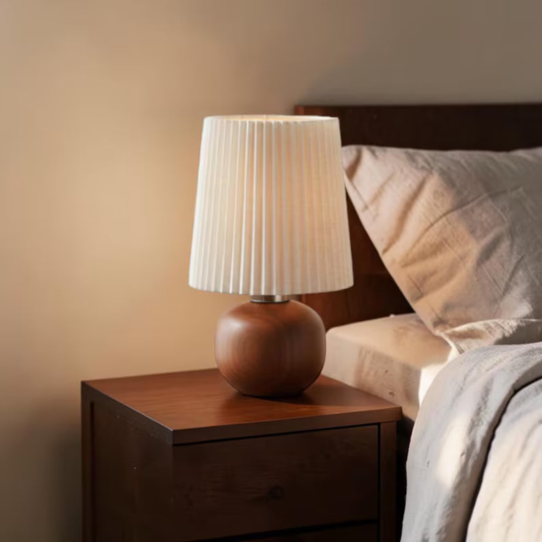Cozy Dimmable Table Lamp, Wood Base Bedside Lamp, Pleated Fabric Shade, USB Nightstand Light