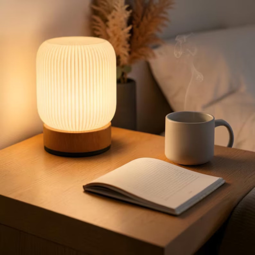 Dimmable Touch Night Light, Rechargeable Type-C Table Lamp, Wooden Base, Warm Ambient Bedroom Lighting