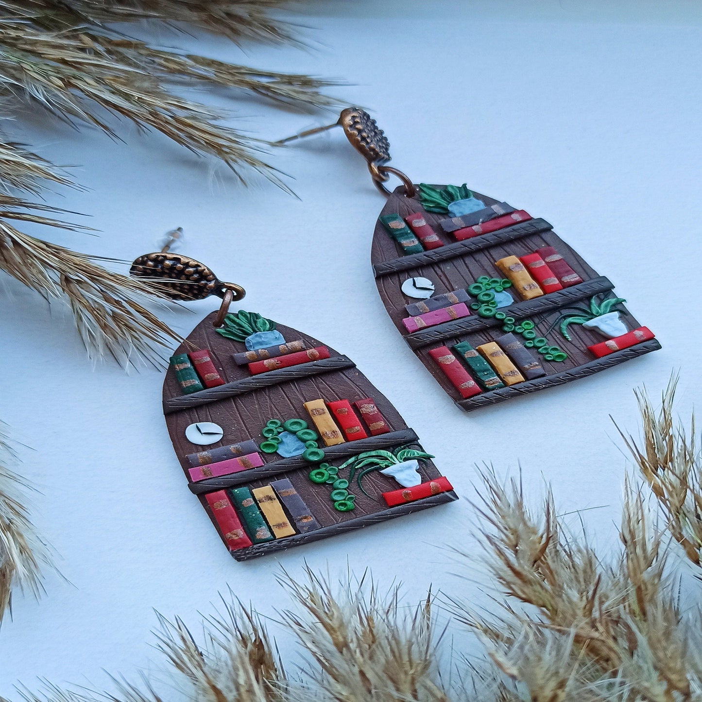 Handmade Polymer Clay Bookcase Earrings: Book Lover Dangle Earrings