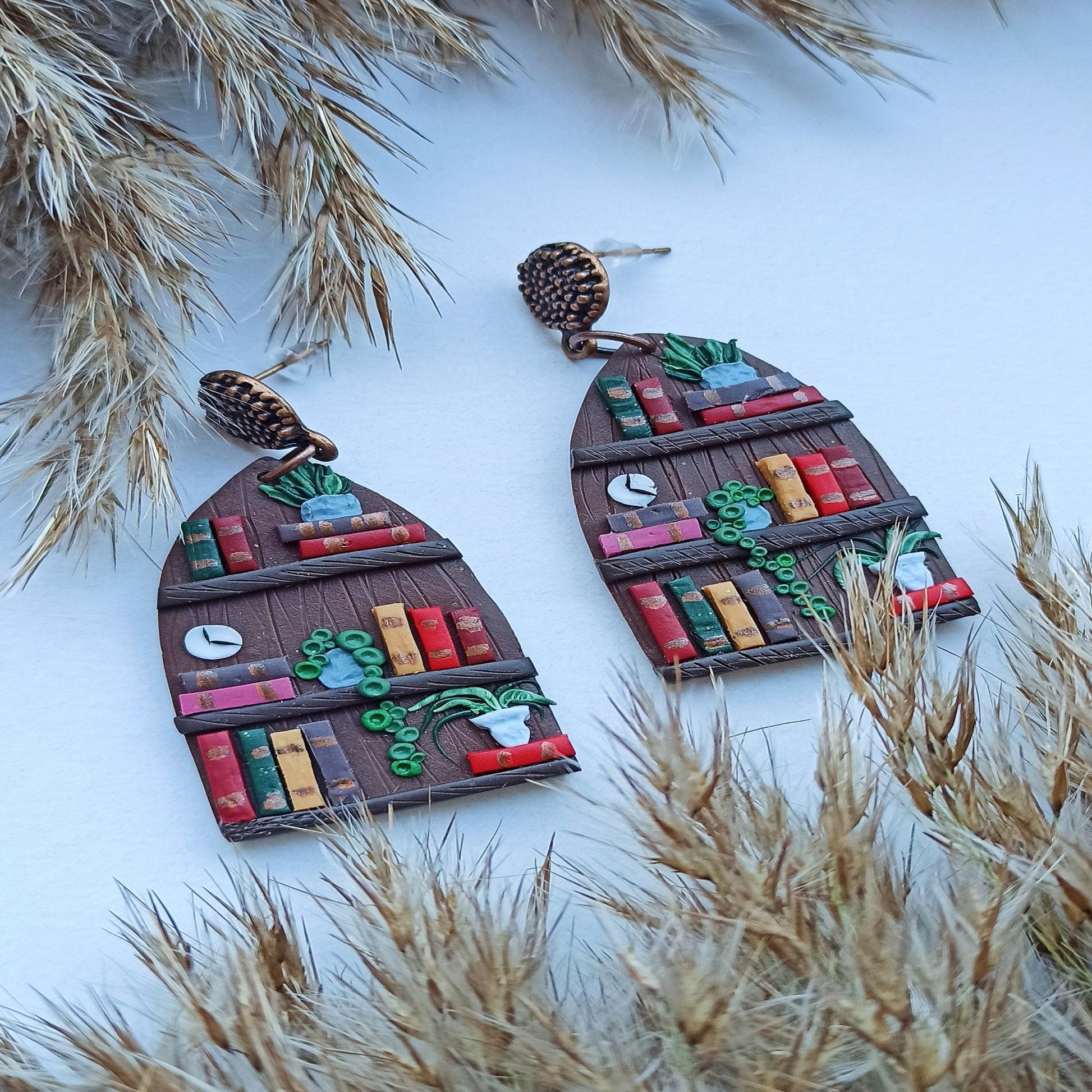 Handmade Polymer Clay Bookcase Earrings: Book Lover Dangle Earrings