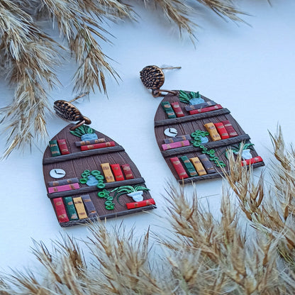 Handmade Polymer Clay Bookcase Earrings: Book Lover Dangle Earrings
