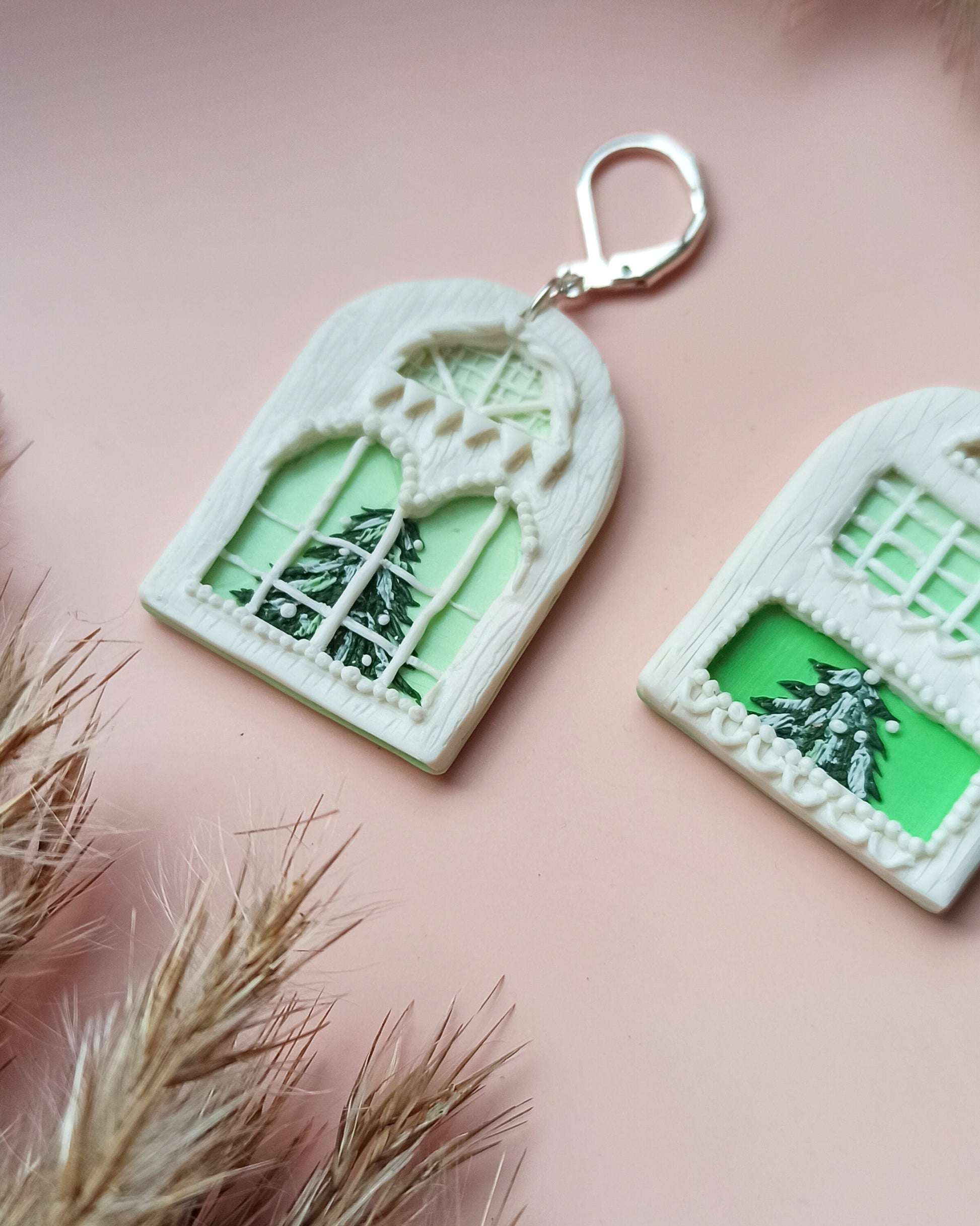 Avelli- Clay Festive Earring, Christmas Tree Earrings, White Silver Earrings, Christmas Jewellery, Winter House Dangle, Traveler woman gift