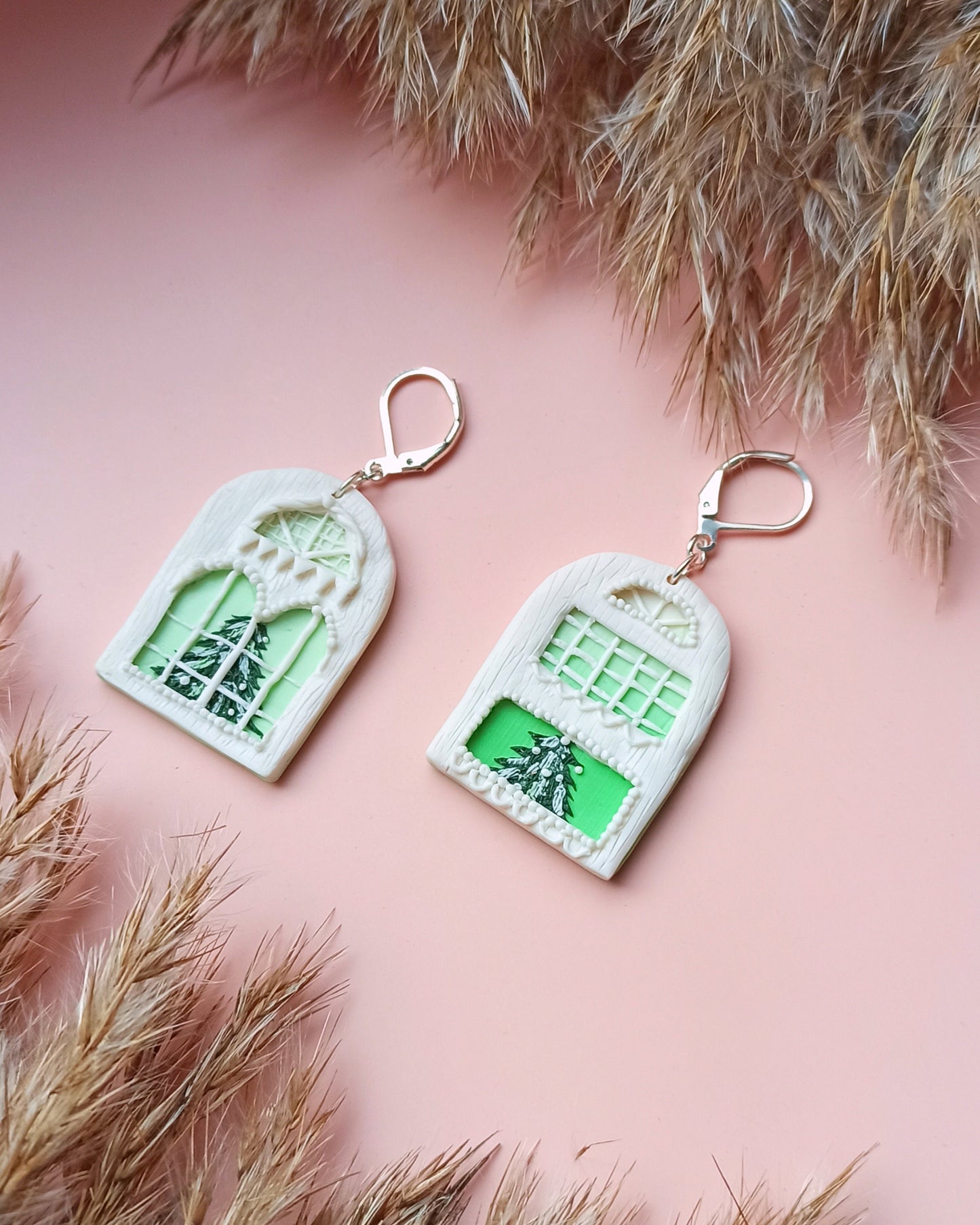 Avelli- Clay Festive Earring, Christmas Tree Earrings, White Silver Earrings, Christmas Jewellery, Winter House Dangle, Traveler woman gift
