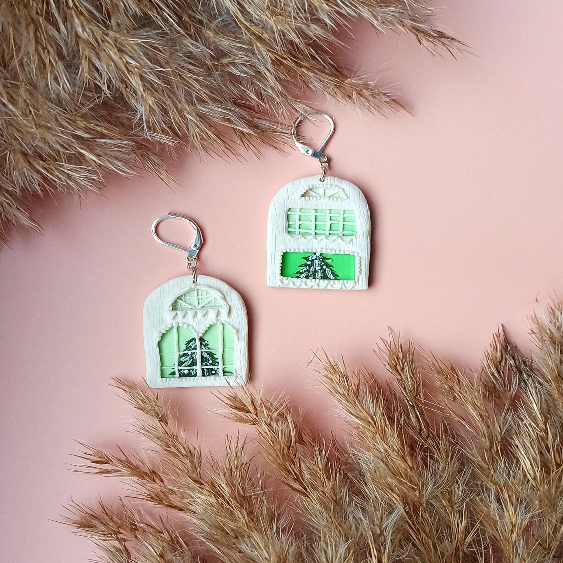 Avelli- Clay Festive Earring, Christmas Tree Earrings, White Silver Earrings, Christmas Jewellery, Winter House Dangle, Traveler woman gift