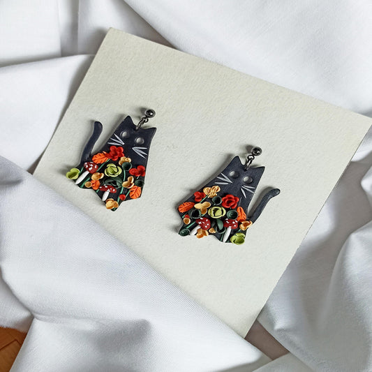 Black Ghost Cat Earrings: Handmade Polymer Clay Autumn Flower Jewelry