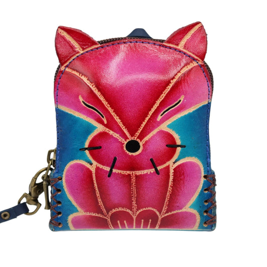 Genuine Handmade Leather fox Wristlet mini backpack/ Coin Purse / Wallet /change purse
