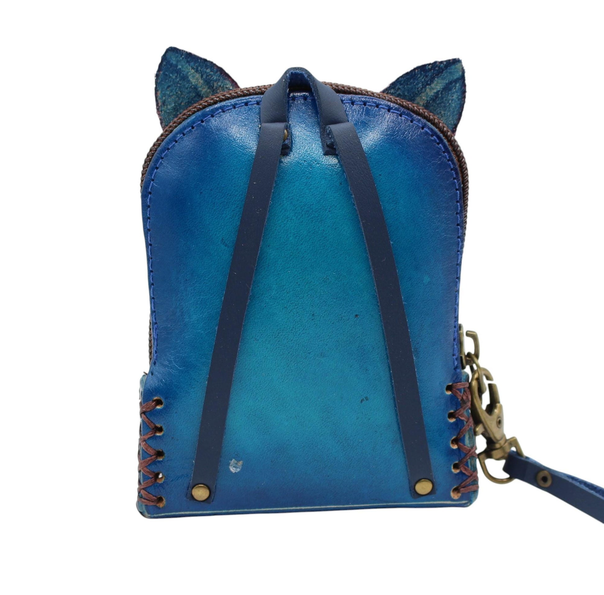 Genuine Handmade Leather fox Wristlet mini backpack/ Coin Purse / Wallet /change purse