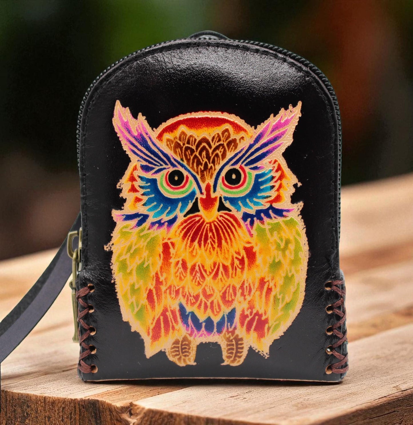 Genuine Handmade Leather owl Wristlet mini backpack/ Coin Purse / Wallet /change purse