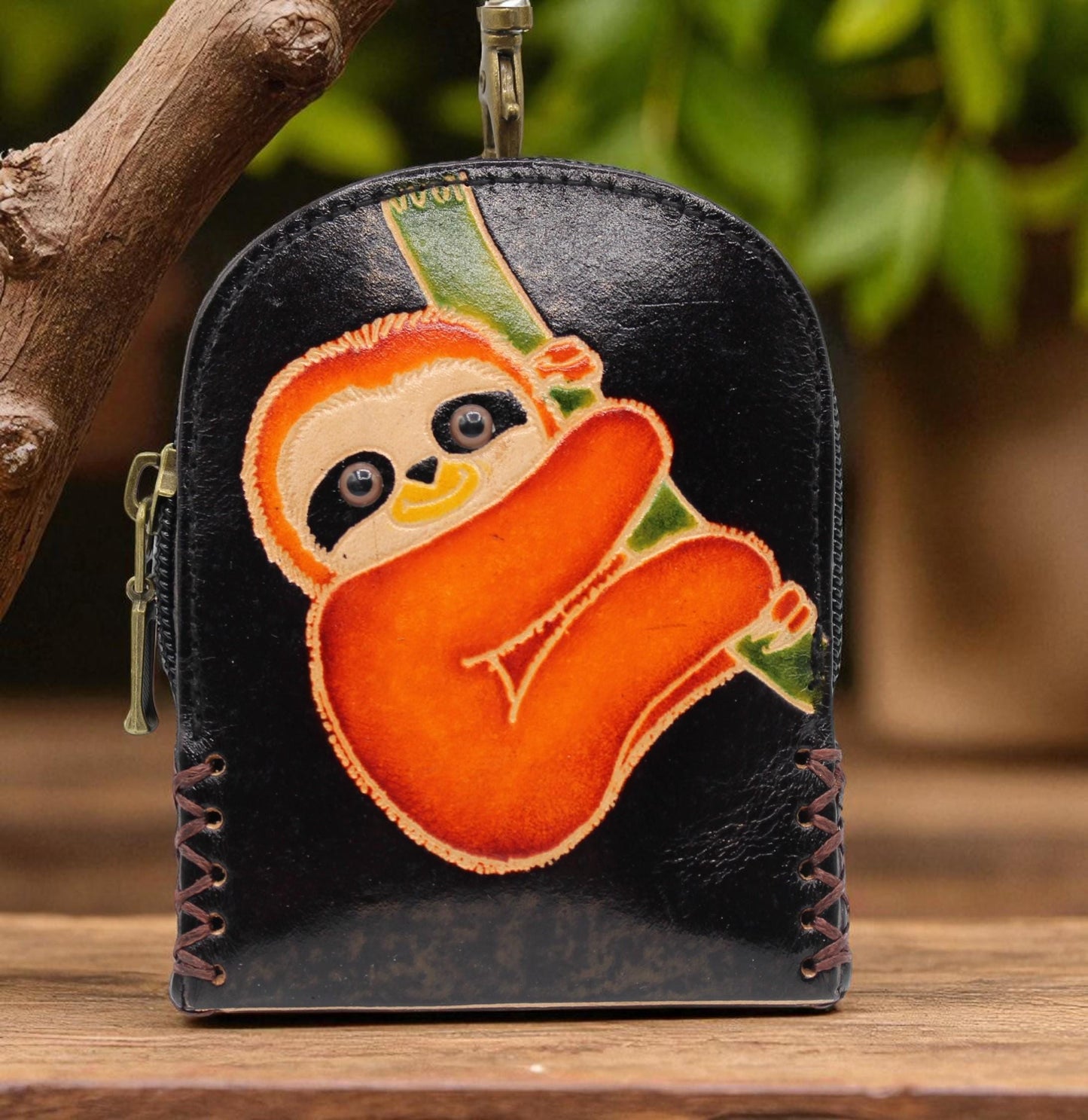 Genuine Handmade Leather sloth Wristlet mini backpack/ Coin Purse / Wallet /change purse