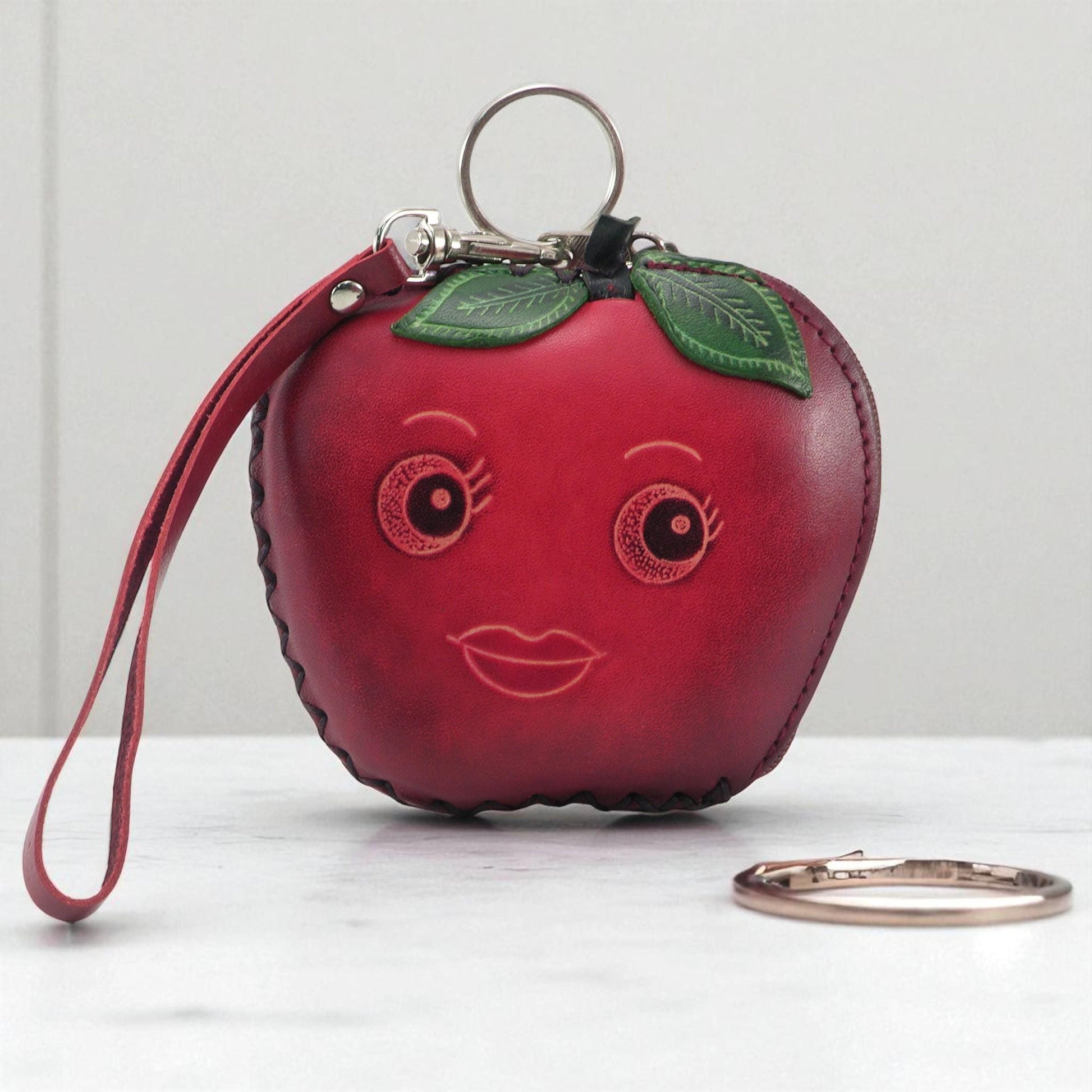 Genuine Handmade Leather Apple-shaped Coin Purse,  Wallet , Wristlet ,Smile Face Coin Pouch, Fruit-themed Coin Wallet