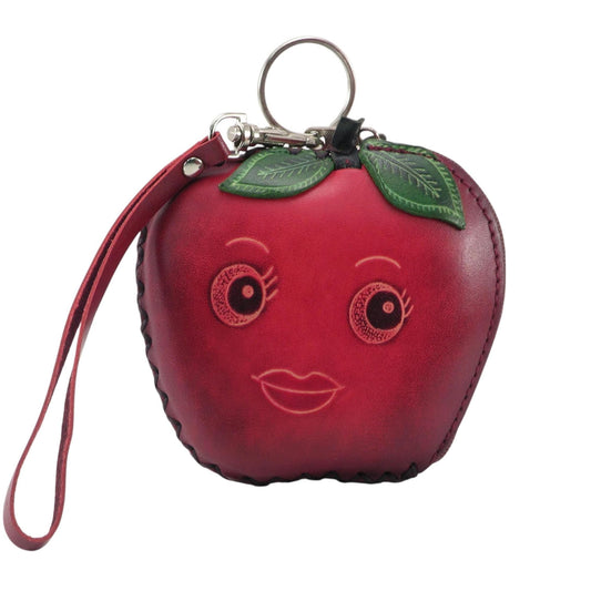 Genuine Handmade Leather Apple-shaped Coin Purse,  Wallet , Wristlet ,Smile Face Coin Pouch, Fruit-themed Coin Wallet