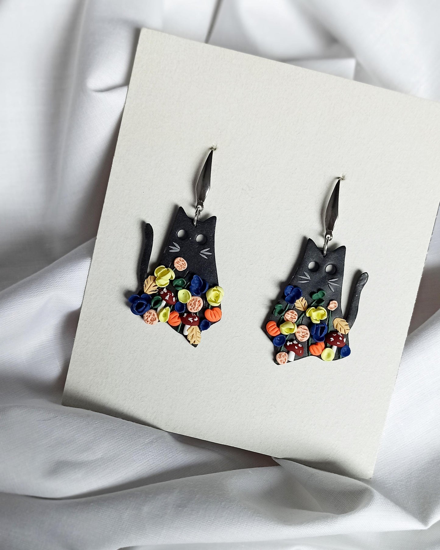 Black Cat Halloween Earrings: Polymer Clay Flowers & Mushrooms