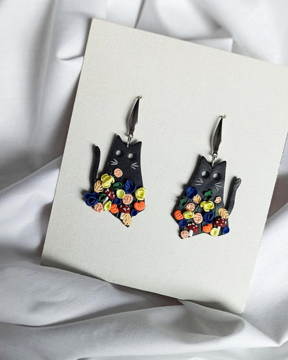 Black Cat Halloween Earrings: Polymer Clay Flowers & Mushrooms