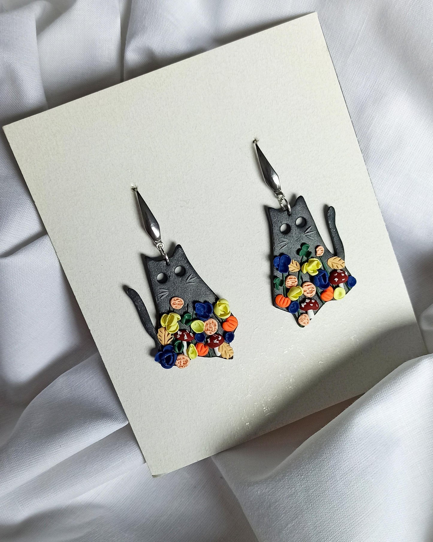 Black Cat Halloween Earrings: Polymer Clay Flowers & Mushrooms