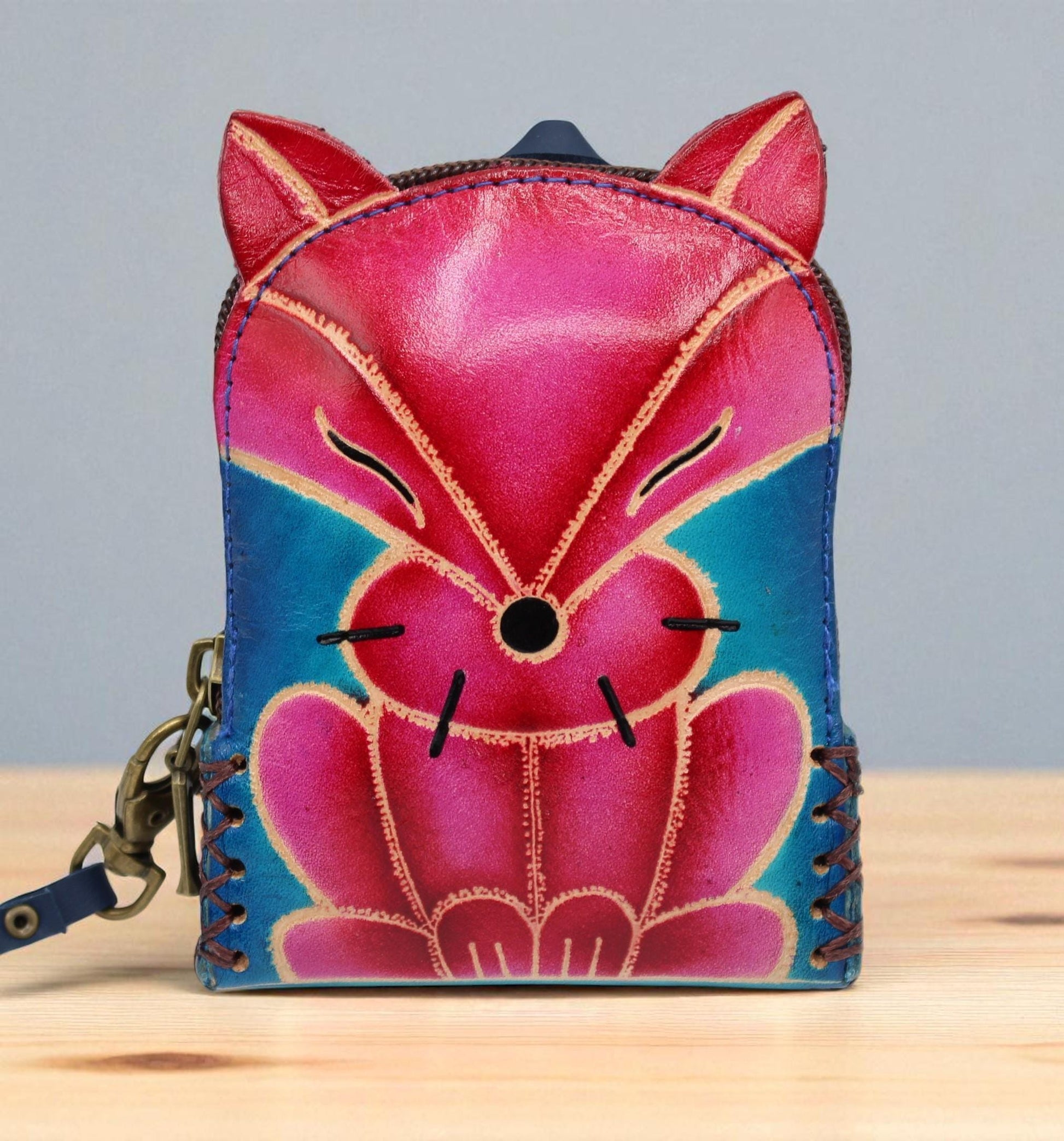 Genuine Handmade Leather fox Wristlet mini backpack/ Coin Purse / Wallet /change purse
