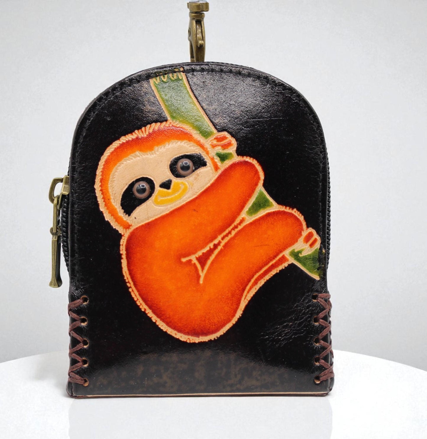 Genuine Handmade Leather sloth Wristlet mini backpack/ Coin Purse / Wallet /change purse