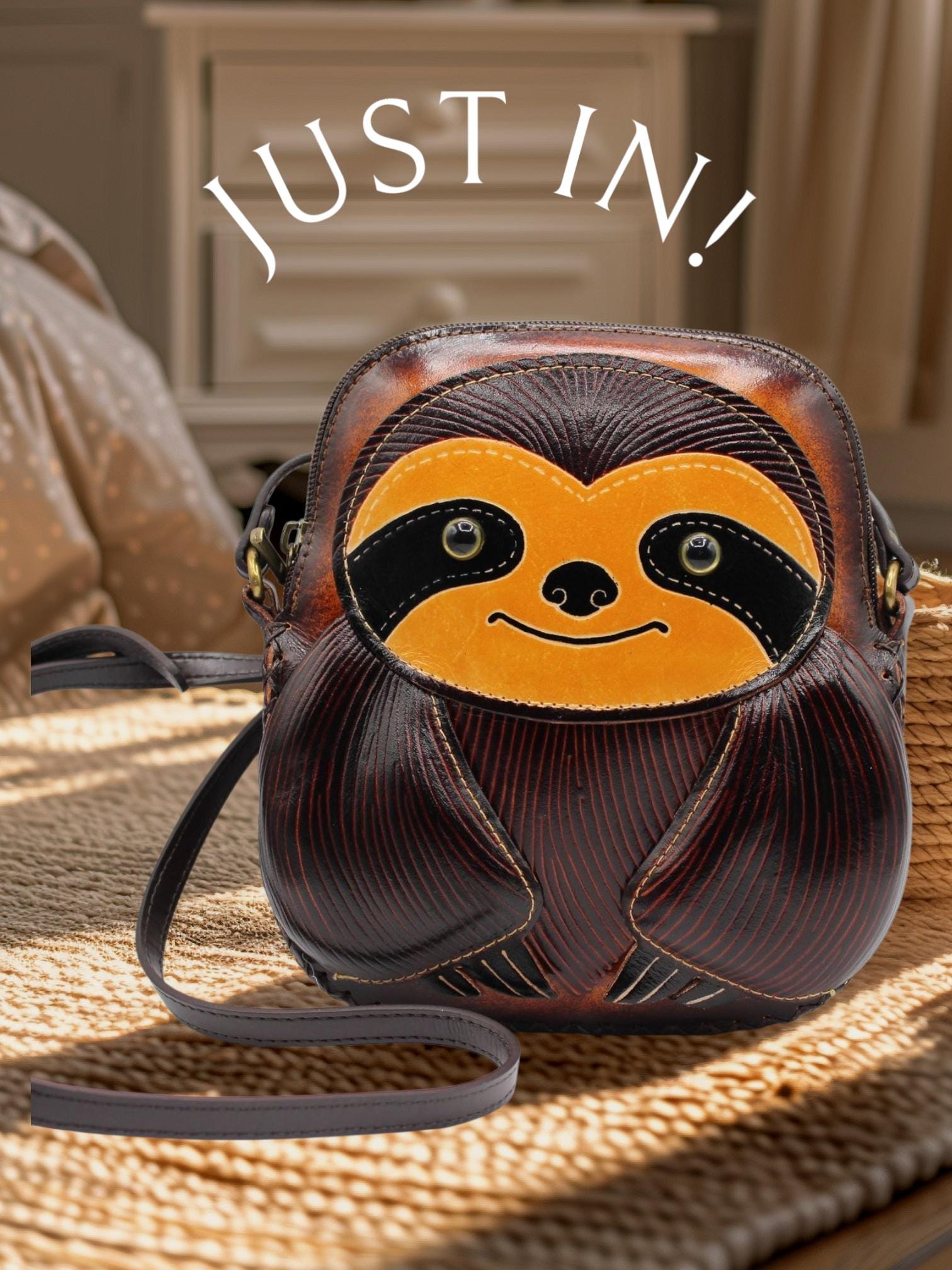Handmade Genuine Leather Sloth Purse - Crossbody Bag, Phone Bag, Animal Bag, Cartoon Bag, Mini Bag