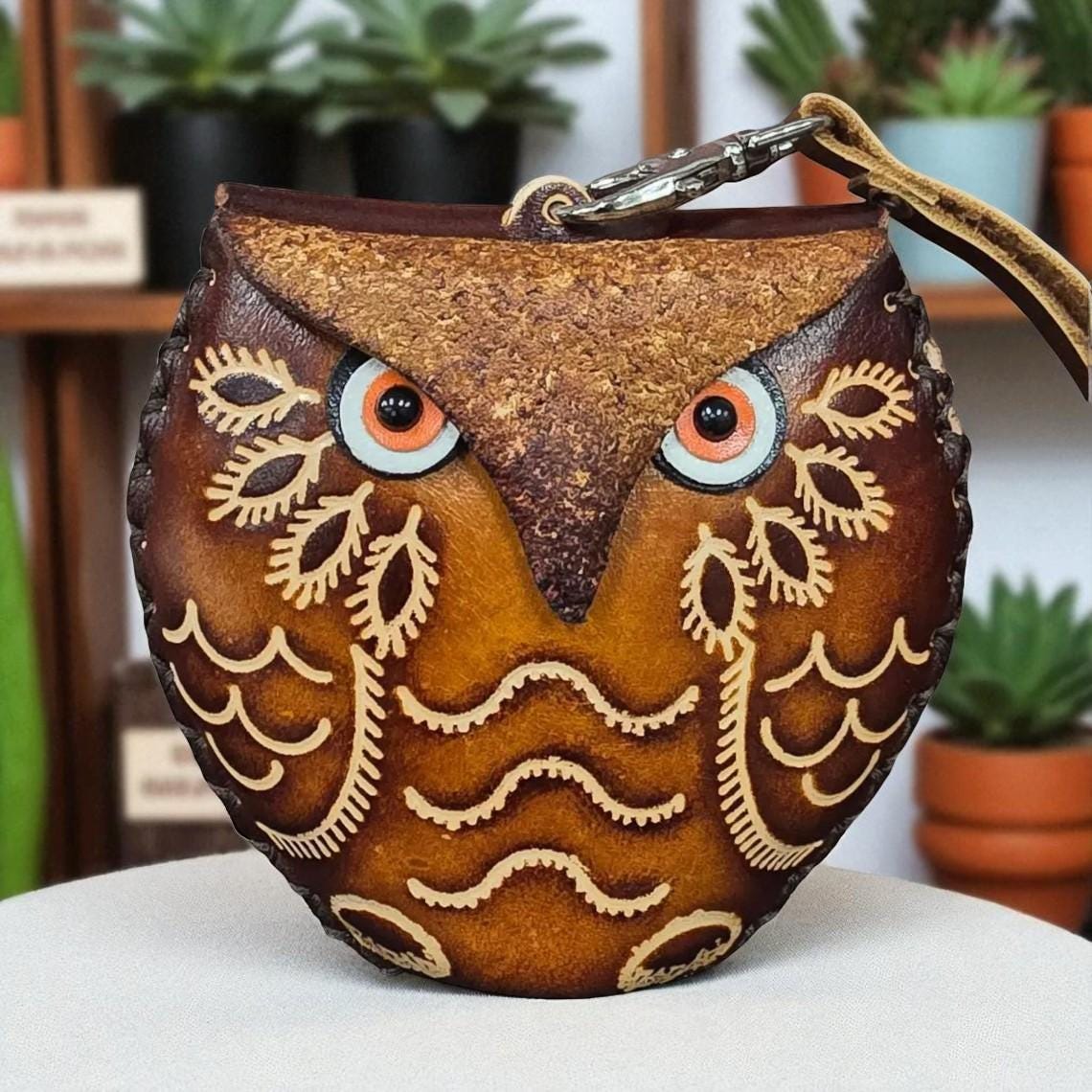 Genuine Handmade Leather Owl Coin Purse wallet wristlet