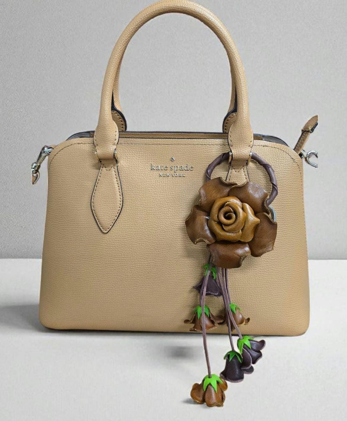 Handmade Leather Rose Keychain: Brown Bag Charm, Purse Accessory