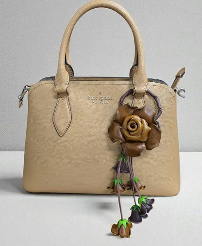 Handmade Leather Rose Keychain: Brown Bag Charm, Purse Accessory