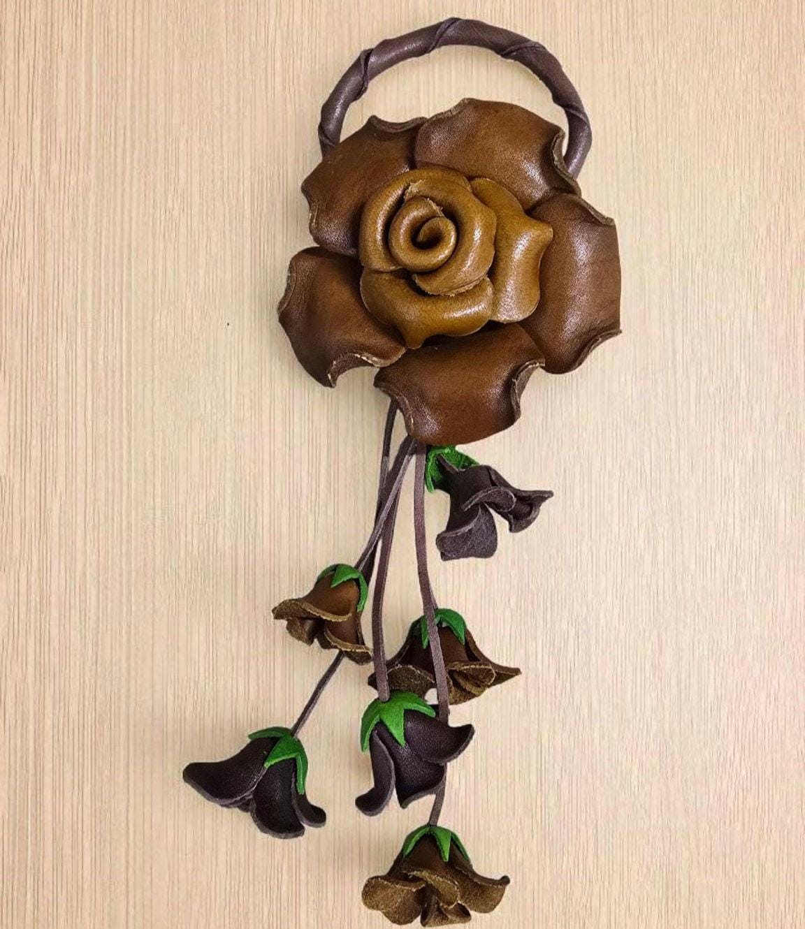 Handmade Leather Rose Keychain: Brown Bag Charm, Purse Accessory