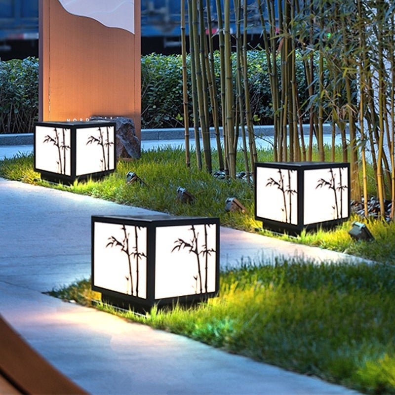 Square Bamboo Pattern Waterproof LED Modern Solar Lights Outdoor Pillar Lamp