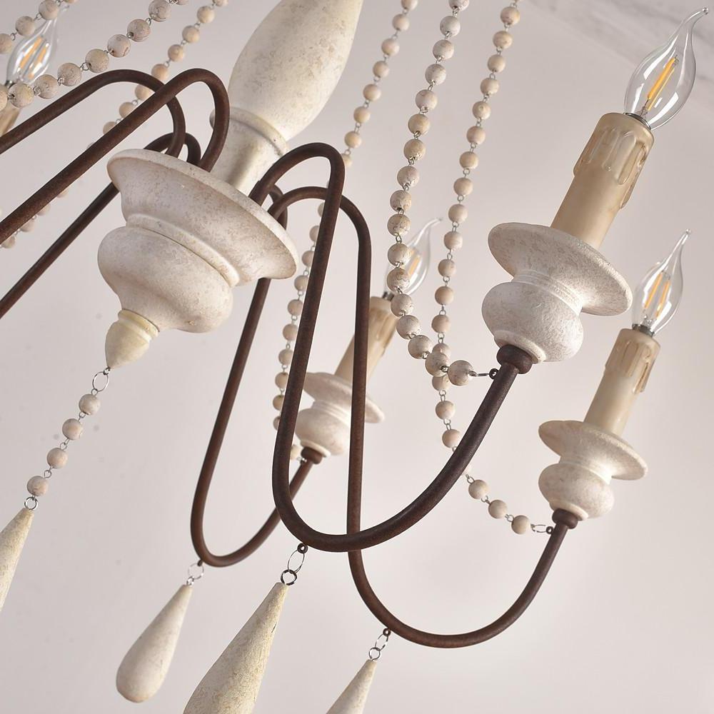 Rustic Farmhouse Wood Bead Chandelier with Teardrops Candle-Style Lights