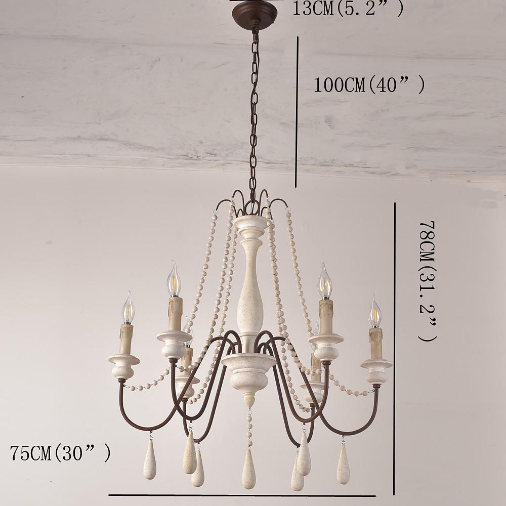 Rustic Farmhouse Wood Bead Chandelier with Teardrops Candle-Style Lights