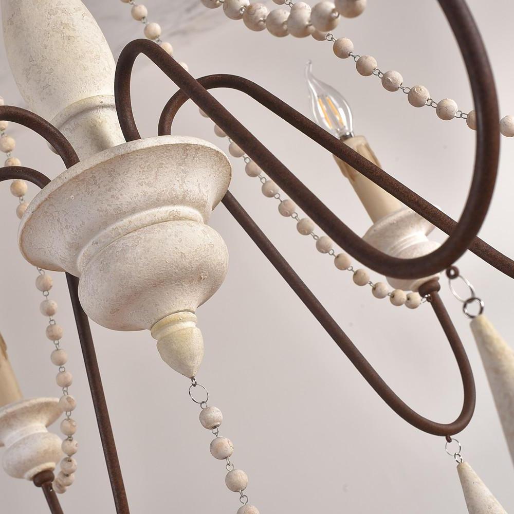 Rustic Farmhouse Wood Bead Chandelier with Teardrops Candle-Style Lights