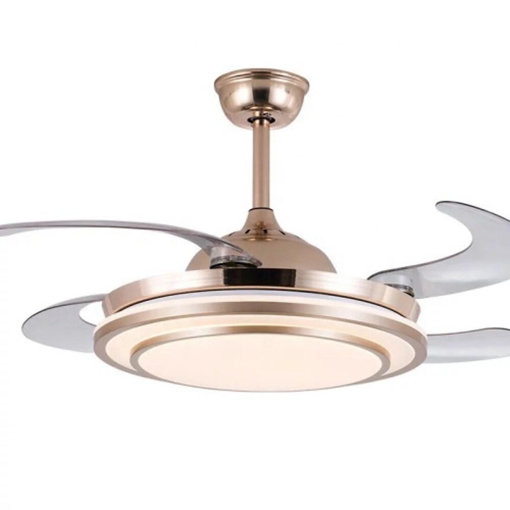 4 Blade Gold Finish Chandelier Retractable Ceiling Fan With LED Light