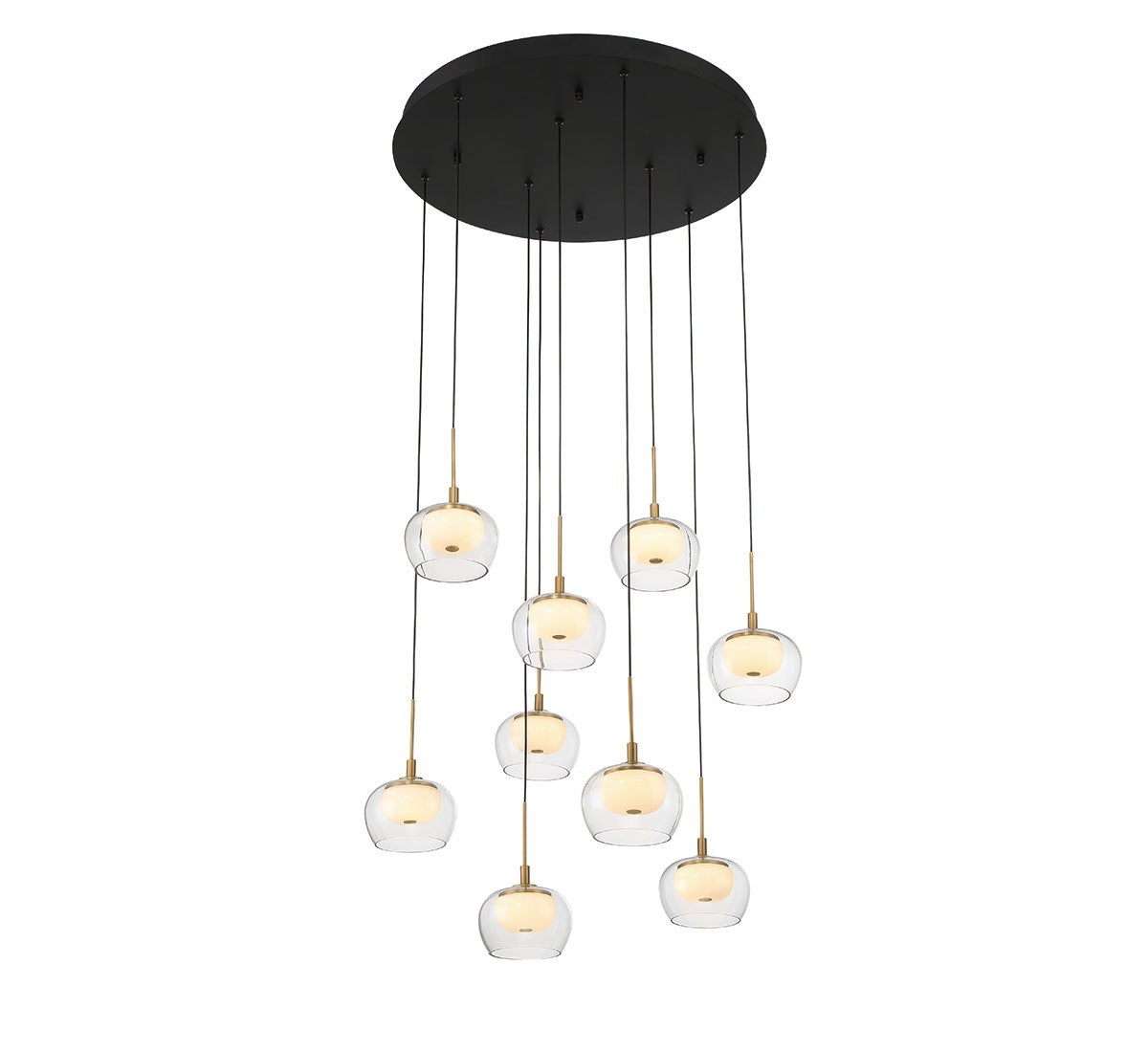 Lib & Co. Manarola LED chandelier with modern lighting design, featuring multiple illuminated LED bulbs and sleek metal framework.