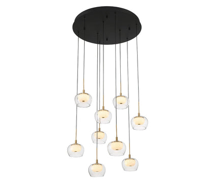 Lib & Co. Manarola LED chandelier with modern lighting design, featuring multiple illuminated LED bulbs and sleek metal framework.