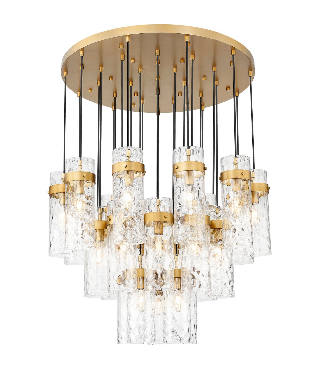 Z-Lite Fontaine 27 Light Chandelier with elegant lighting design and multiple glass shades, hanging from a decorative black frame.