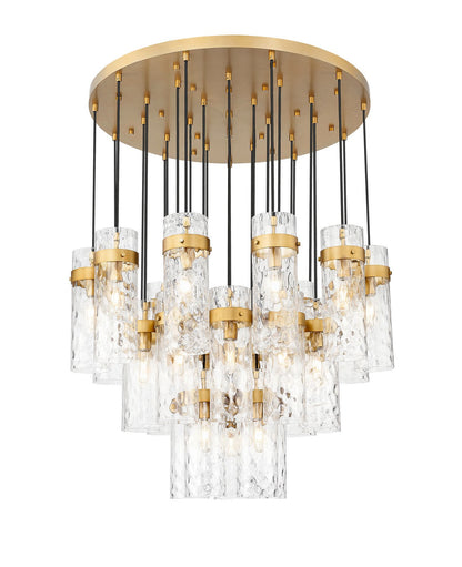 Z-Lite Fontaine 27 Light Chandelier with elegant lighting design and multiple glass shades, hanging from a decorative black frame.