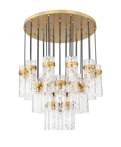 Z-Lite Fontaine 27 Light Chandelier featuring elegant lighting design with multiple glass shades and a sleek metal frame.