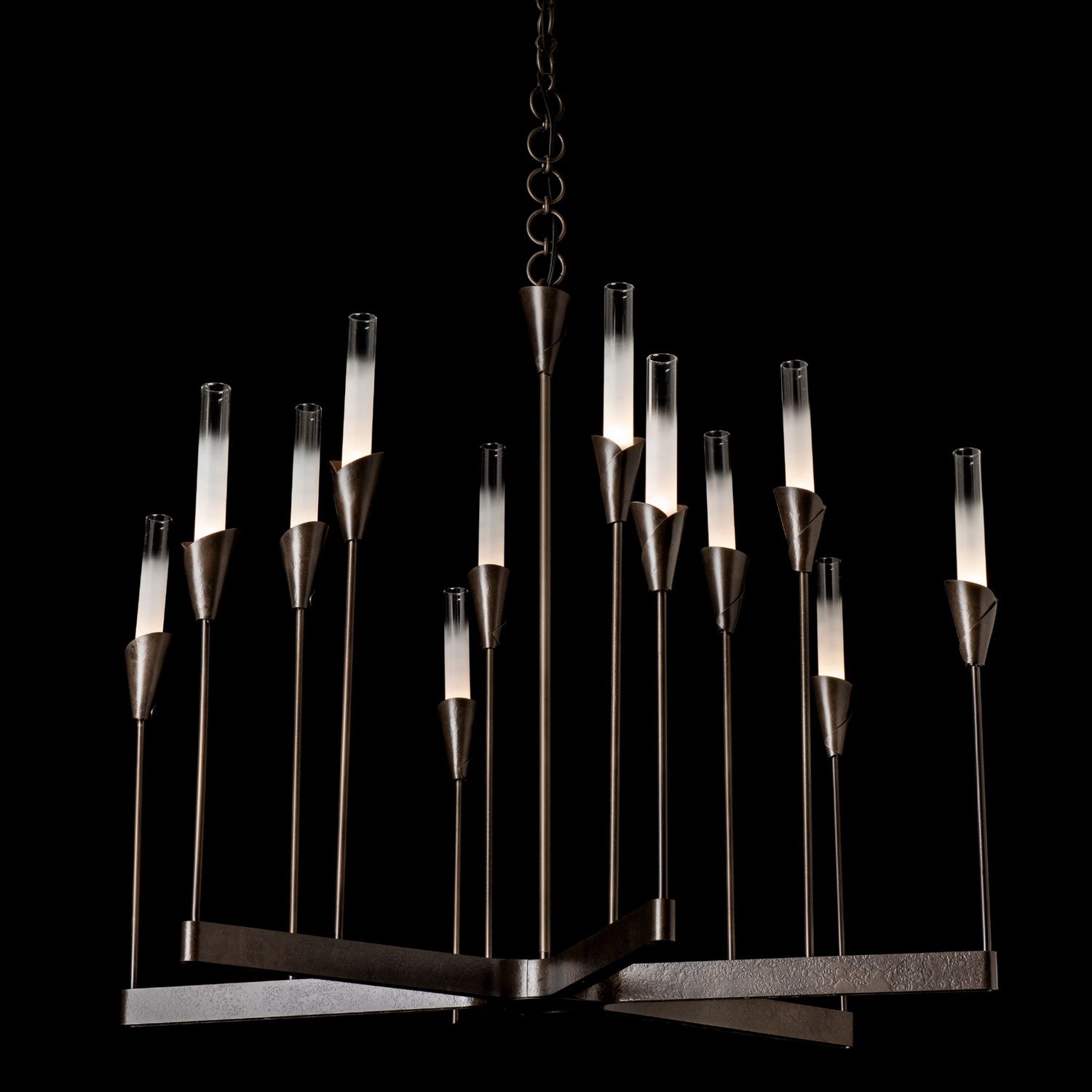 Hubbardton Forge Lilium 12 Light Chandelier with elegant lighting design and multiple glass shades hanging from a metal frame.