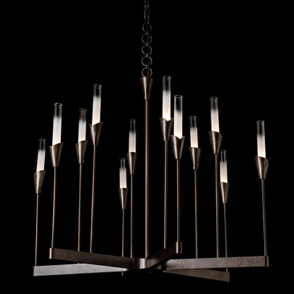 Hubbardton Forge Lilium 12 Light Chandelier with elegant lighting design and multiple glass shades hanging from a metal frame.