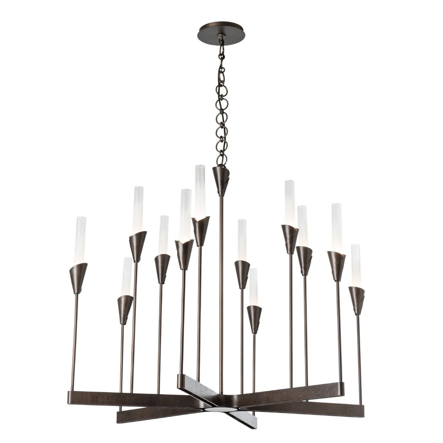 Hubbardton Forge Lilium 12-light chandelier with elegant metal frame and glass shades, modern lighting design for sophisticated spaces.