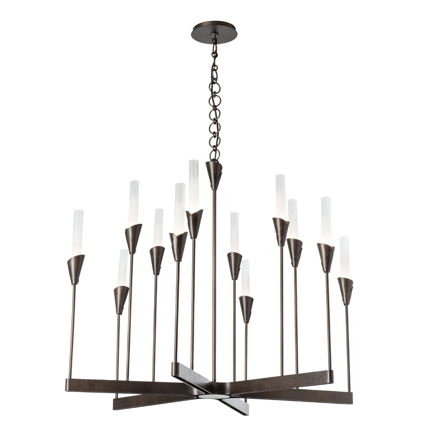 Hubbardton Forge Lilium 12-light chandelier with elegant metal frame and glass shades, modern lighting design for sophisticated spaces.