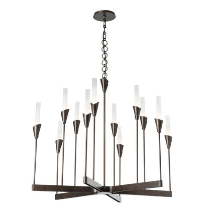 Hubbardton Forge Lilium 12-light chandelier with elegant metal frame and glass shades, modern lighting design for sophisticated spaces.