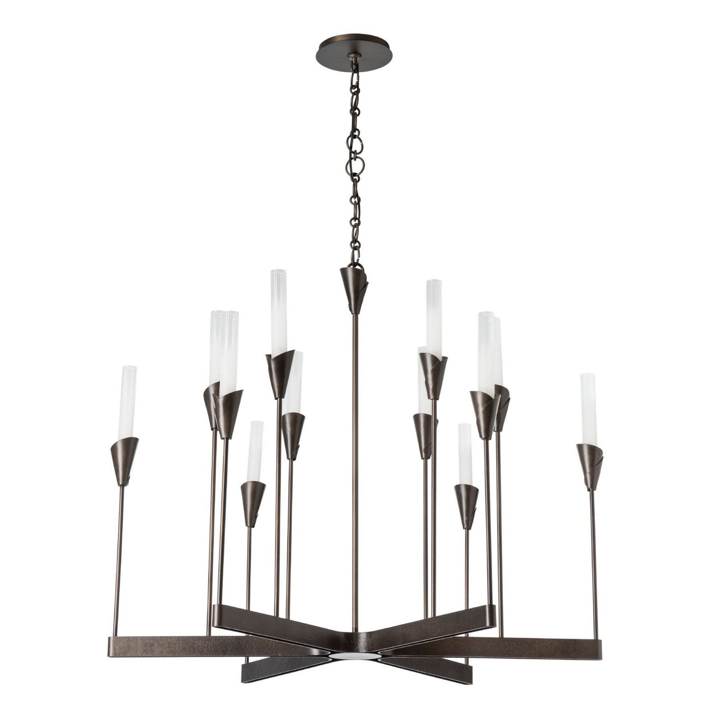 Hubbardton Forge Lilium 12-light chandelier with elegant metal frame and multiple glass shades for sophisticated lighting.