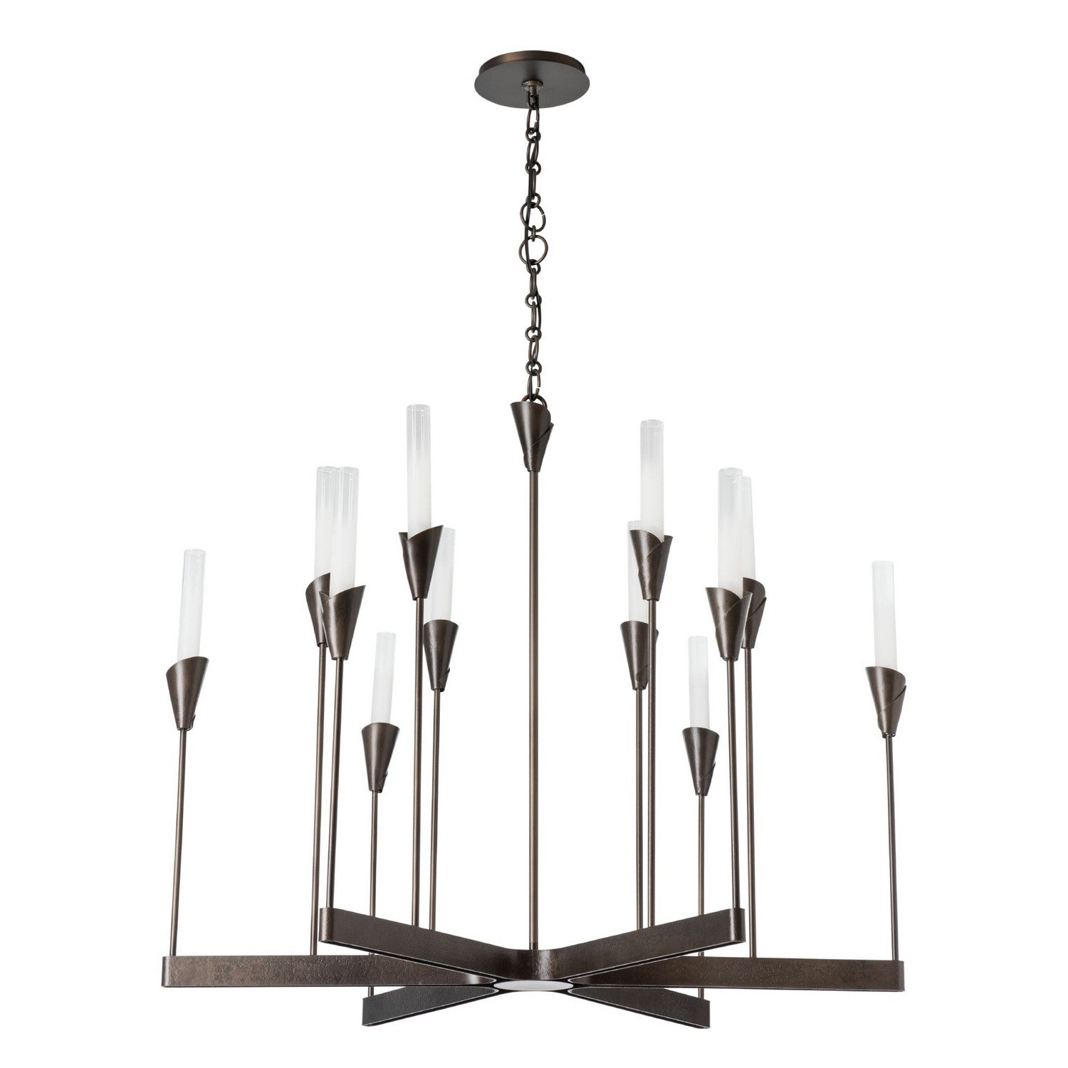 Hubbardton Forge Lilium 12-light chandelier with elegant metal frame and multiple glass shades for sophisticated lighting.