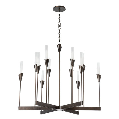 Hubbardton Forge Lilium 12-light chandelier with elegant metal frame and multiple glass shades for sophisticated lighting.