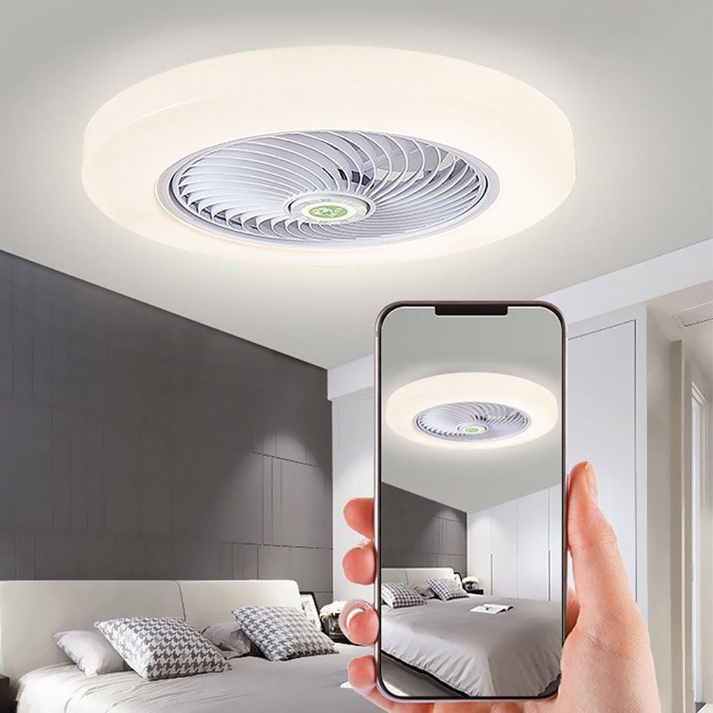 Modern Flush Mount Bladeless Enclosed Ceiling Fan with Round Bright LED Lighting and Remote