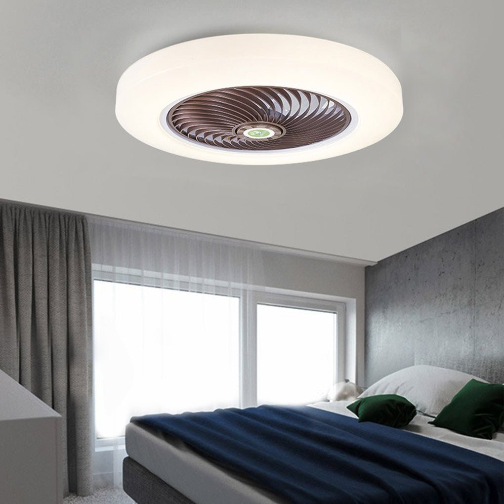 Modern Flush Mount Bladeless Enclosed Ceiling Fan with Round Bright LED Lighting and Remote